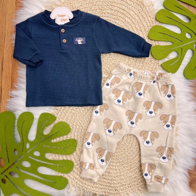 Conj. Casaco Malha Termal e Calça Dog Fiel e Peludo - Marinho e Areia